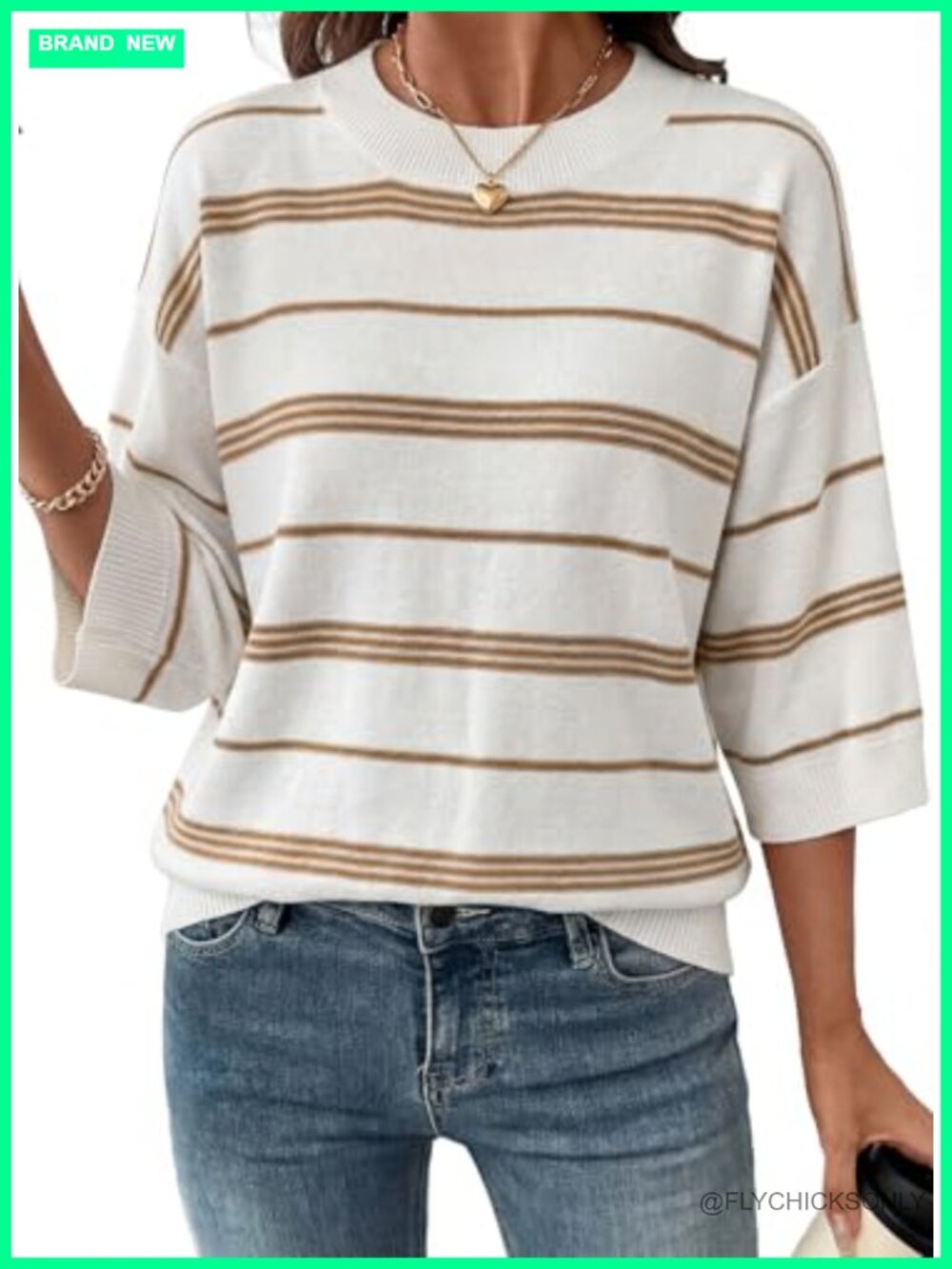 Women's Oversized 3/4 Sleeve Striped Lightweight Knit Pullover Sweater